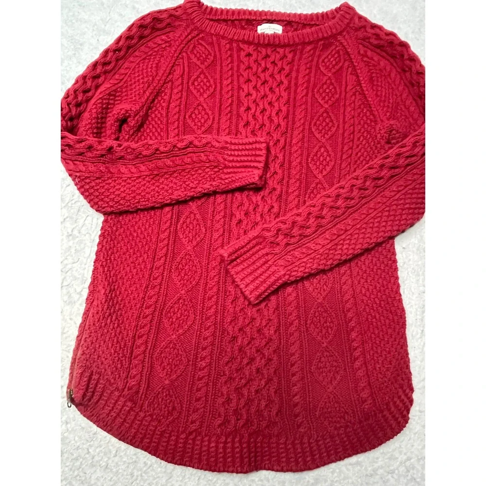 LL Bean Signature Red chunky Cable Knit Cotton Sweater Side Zip Womens‎ Medium